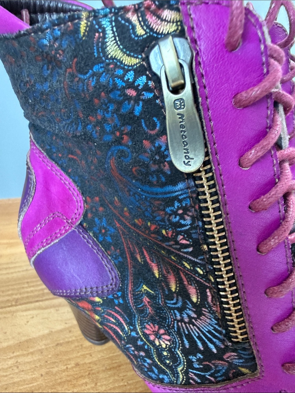 Metcandy Women's Leather Purple Patterned Lace-Up Heeled Ankle Boots - Picture 3 of 7
